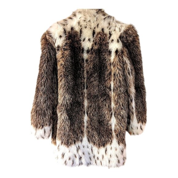 Vintage 80s Faux Fur Coat L Large White Spotted Lynx Animal Print Snow Leopard - Picture 1 of 7